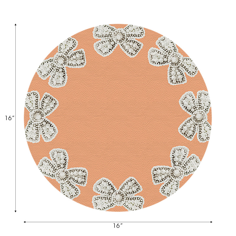 Pearl Bow Vegan Leather Round Pebble Placemat, Peach