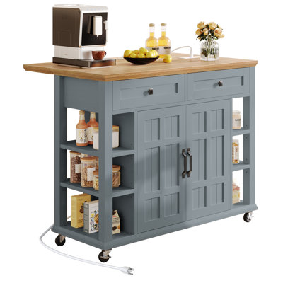 Brianny Rolling Kitchen Cart Island with Foldable Tabletop 2 Drawers and Power Outlet