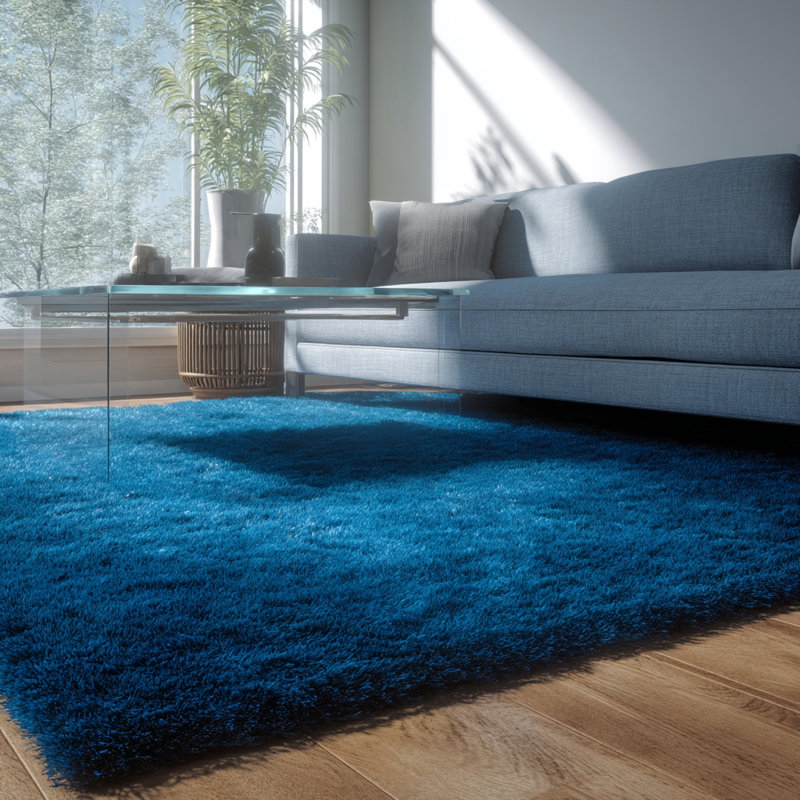 Tapis bleu marine à poils longs tissé à la main Joellen, Rectangle 5 pi x 7 pi 6 po, Bleu océan