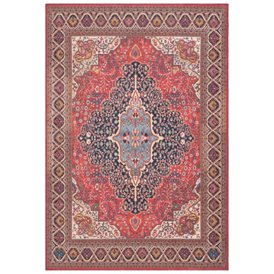 Wessley Cotton/Chenille Machine Washable Southwestern Rug in Rust/Navy
