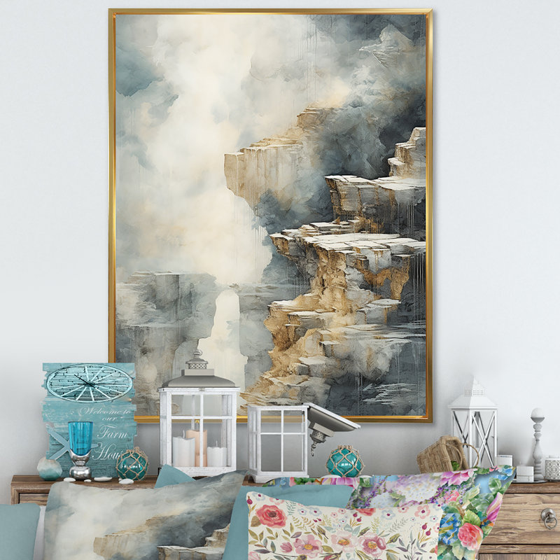 «Gold and Grey Waterfall Adventure Scene II», reproduction sur toile, Cadre flottant doré, H 32 po x l 16 po x P 1 po