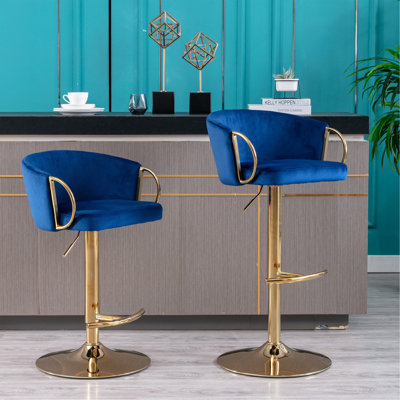 Set Of 2  Bar Stools,With Chrome Footrest And Base Swivel Height Adjustable Mechanical Lifting Velvet + Golden Leg Simple Bar Stool-Navy