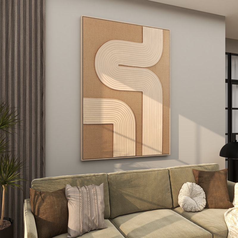 The Novogratz Canvas Textured Abstract Living Room Framed Wall Art with Tan Ribbed Curve Shapes