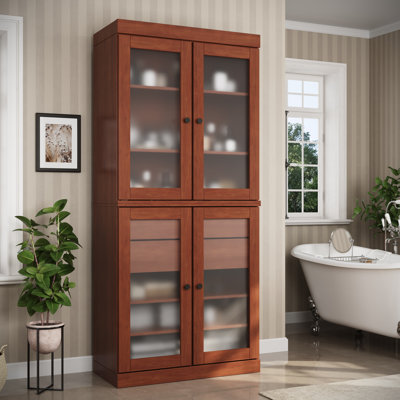  32" W x 71.5" H 100% Solid Wood Freestanding Bathroom Storage Cabinet with Frosted Glass Doors, 2 Drawers & Adjustable Shelves – Modern Bathroom Organizer