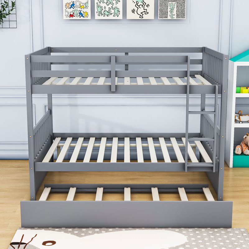 Lit superposé double en bois avec couchette simple et garde-corps Hommer, Gris