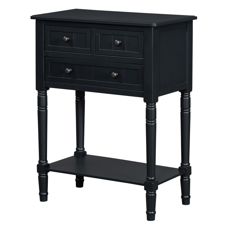 Narrow Console Table, Slim Sofa Table With Three Storage Drawers And Bottom Shelf, Black
