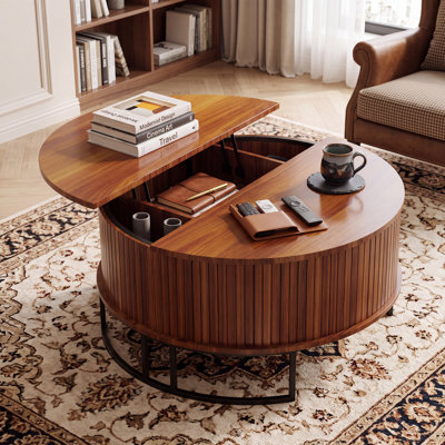 31.5" Round Lift Top Coffee Table with Storage Adjustable Height Cocktail Table with Black Hollow Metal Base & Soft Close Hinges for Living Room