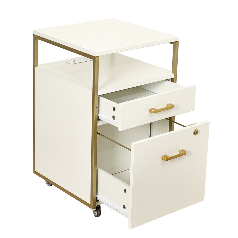 Modern Rolling 2-Drawer File Cabinet with Locking File Drawer, 2 USB Charging Ports & Power Outlet, and Locking Wheels