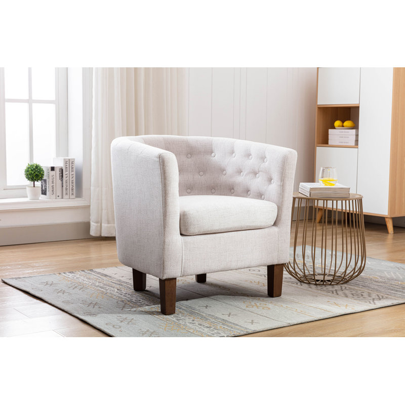 Cecille Barrel Accent Chair with Rubberwood Legs, Beige