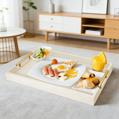 Large Rectangular Serving Tray With Gold Metal Handles, Decorative Ottoman Tray For Coffee Table, Vanity, And Home Decor