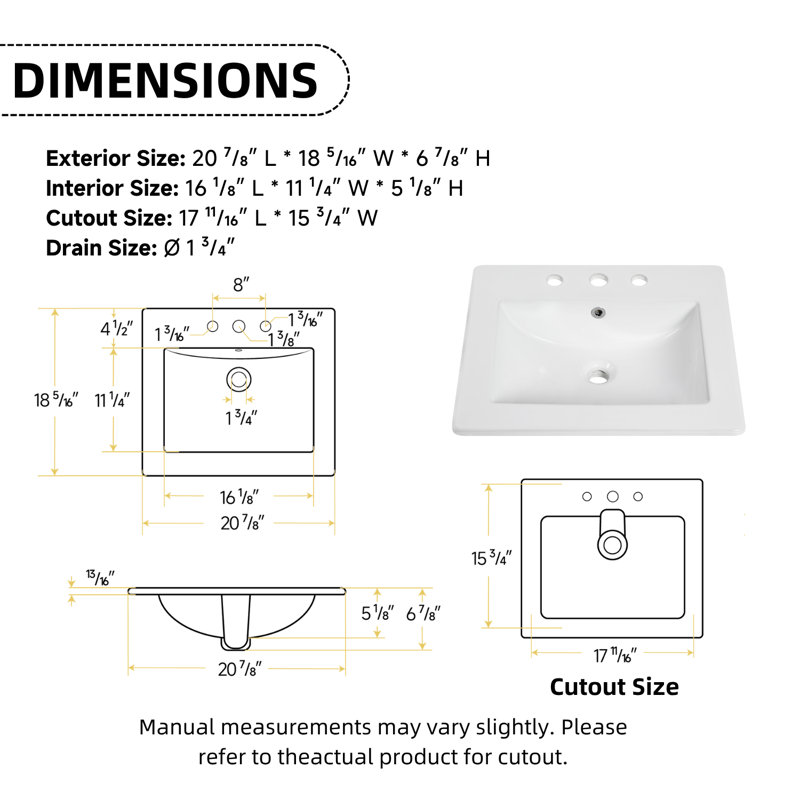 Lavabo de salle de bain encastré rectangulaire en céramique avec trou pour robinet et trop-plein Los Flexi, Centres de 8 po