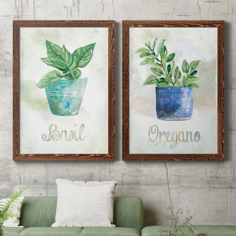Basilic en pot - ensemble de 2 peintures sur toile encadrées, Érable encadré, H 20 po x l 34 po x P 1,5 po