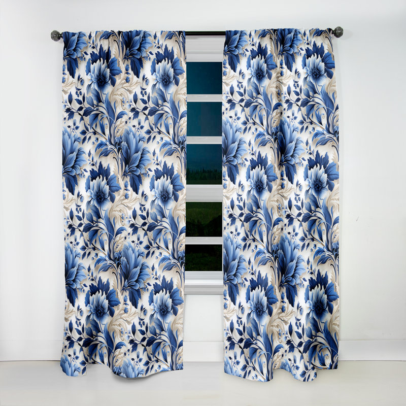 Cobalt Blue Acanthus Leaves Victorian Pattern I - Floral Velvet Curtain - Room darkening - 1 panel, 52" W x 63" L