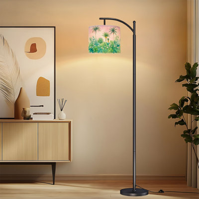 Arc Floor Lamp with Adjustable Lampshade Tropical Jungle Foliage Palm Trees Soft Pink Watercolor Standing Lamp 3 Color Temperatures Dimmable Tall Pole Lamp with Foot Switch for Bedroom
