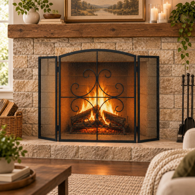 Pare-feu en fer forgé à 3 panneaux de 122 cm (48 po) avec volutes et treillis métallique.