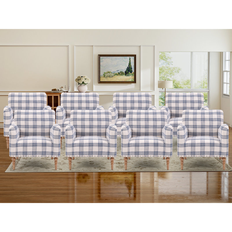 29" Wide Stylish Plaid Fabric Accent Chair With Solid Wood Legs, Blue/White, 8
