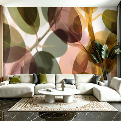 Adhésif mural pelez et collez L 100 po x l 144 po moderne pour la chambre à coucher - avec reproduction d'art géométrique abstraite à l'aquarelle botanique