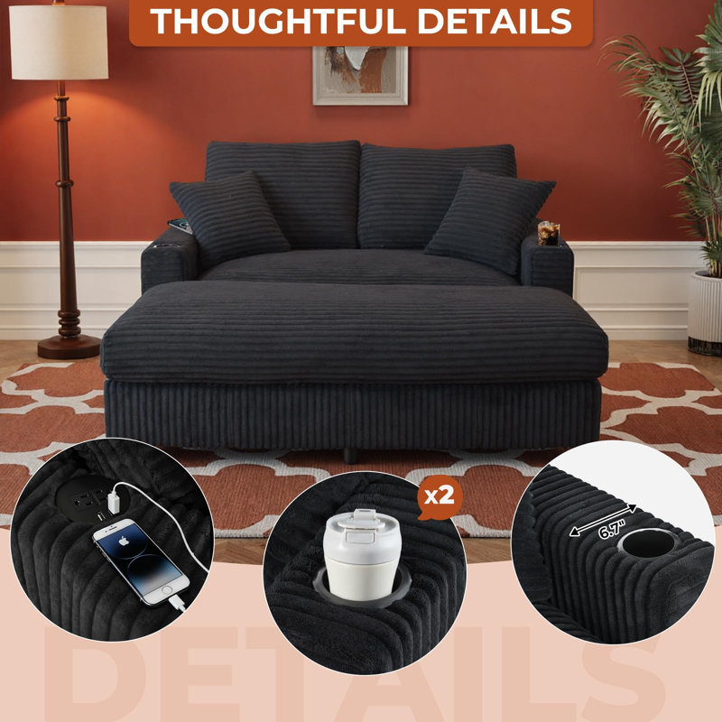 64" Corduroy Upholstered Loveseat Sofa Bed, Black