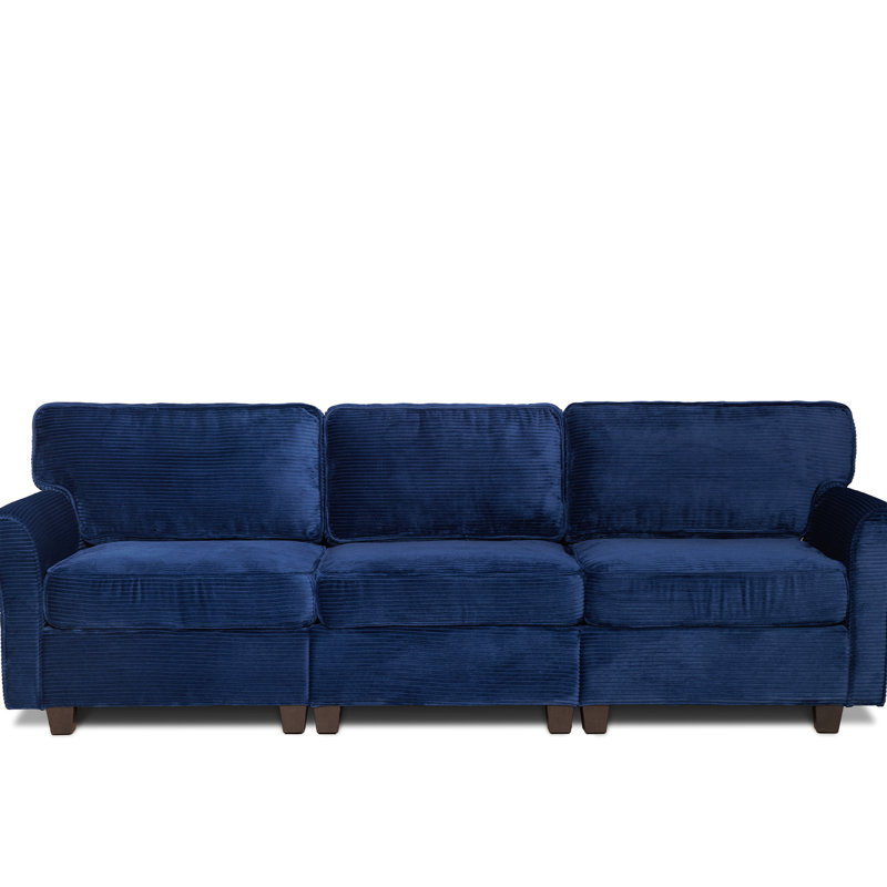 Canapé 3 places en velours côtelé de 234 cm (92,25 pouces) avec coussins amovibles, structure en bois massif et design ergonomique pour le salon. Dimensions : longueur, épaisseur et coussins d'assise inclus. Utilisation résidentiel.