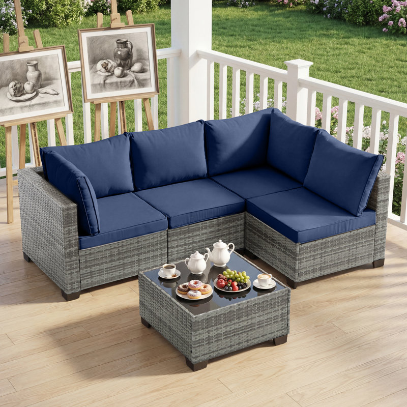 5 Piece Modular Patio Conversation Sets, Sectional Seating Group with Cushions, Blue, Gray