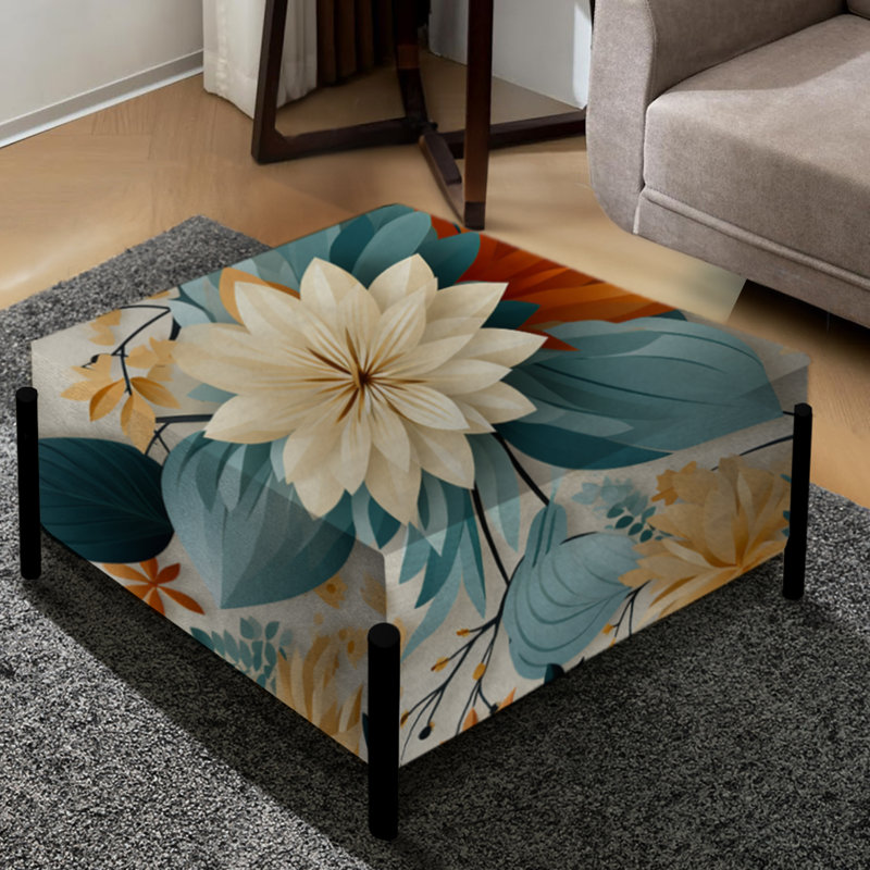 Grand repose-pieds carré bleu à motif floral fusion géométrique bleu et beige