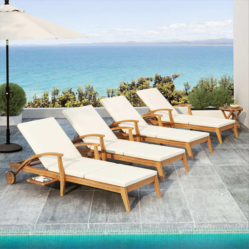 CHAISE Longe avec roulettes - fauteuil inclinable en bois d'acacia pour patio / jardin, avec coussin blanc de 2 pouces, dossier réglable à 4 positions, mobilier d'extérieur polyvalent