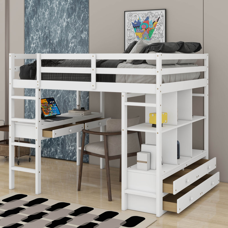 Lit mezzanine double avec bureau intégré avec deux tiroirs, tablettes de rangement et tiroirs