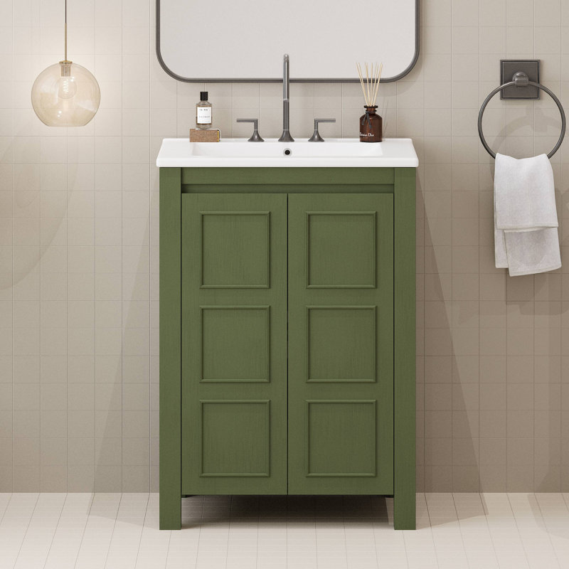 Petit meuble-lavabo de style vintage 24 po avec lavabo en céramique, 2 portes à fermeture douce, tablette réglable