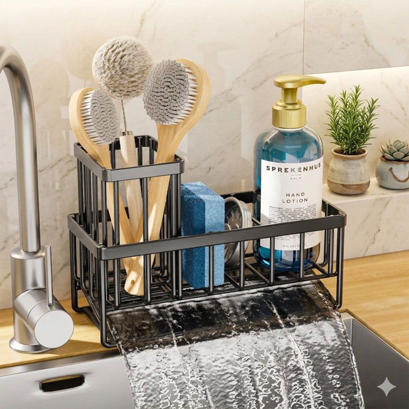 Porte-éponge de cuisine, support d'évier en acier inoxydable avec plateau à vidange automatique et porte-brosse, support de comptoir antirouille