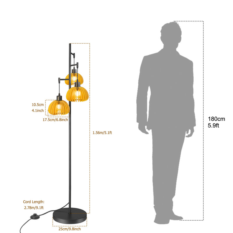 Modern Floor Lamp For Living Room, Mid Century Standing Tree Lamps With Wood Shade, Dimmable 3 Lights Tall Lamp