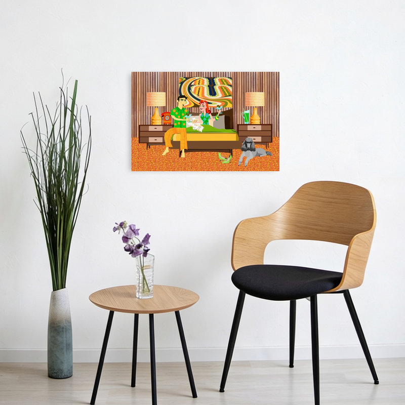 Retro Couple'S Sweet Escape Colorful Modern Retro Dog Architecture Wall Art Print 1 Piece Wrapped Canvas Wall Art