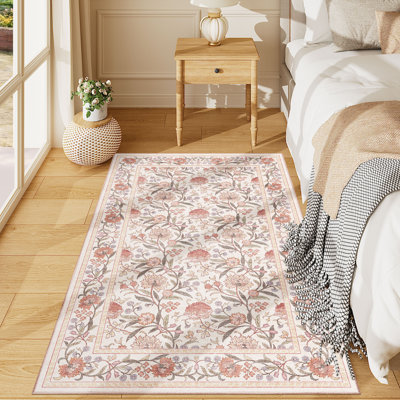 3x5 Area Rugs, Lightweight Vintage Floral Washable Rug for Entrance, Non Slip & Low Pile Indoor Mat Soft Small Floor Carpet for Kitchen, Hallway, Bedroom, Bathroom, Nursery, Office, Beige Pink