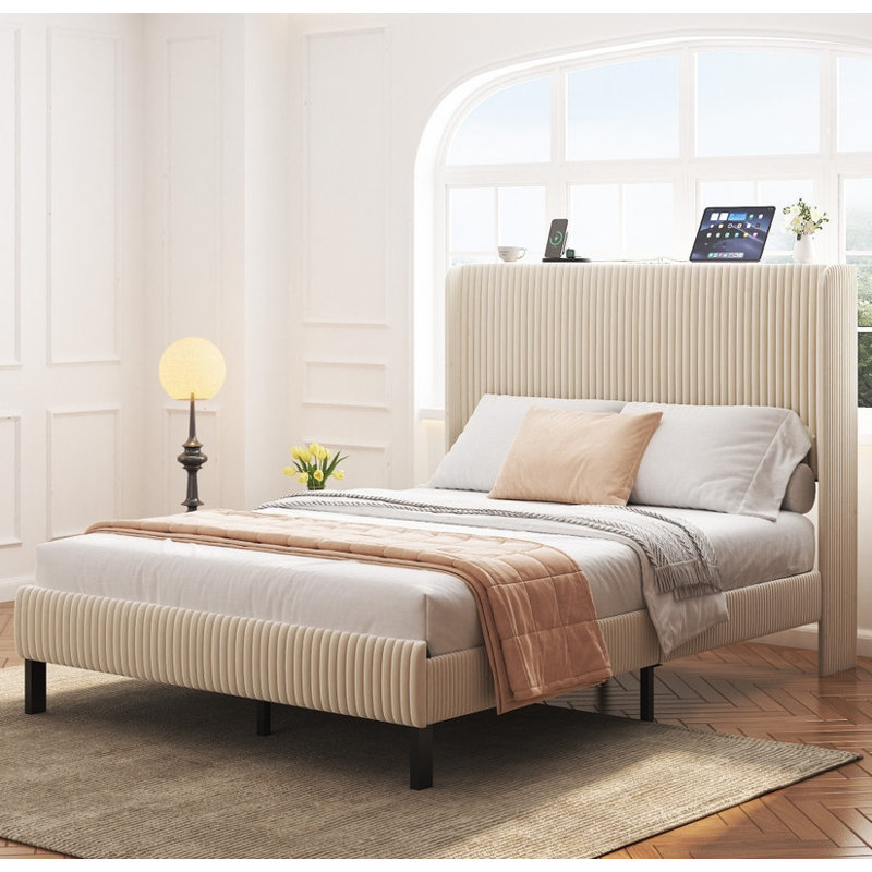 Full Size Beige Metal Platform Bed - Modern Design with Integrated Charging Station | Noise-Free Structure, No Box Spring Required, Sturdy & Stylish