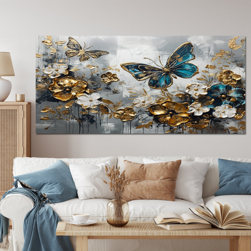 Ryllan, ailes de papillon bleu doré et fleurs V - impressions florales encadrées, H 28 po x l 60 po x P 1,5 po, Toile tendue