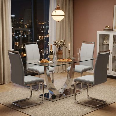 Seidel Modern Rectangular Tempered Glass Dining Set, Chrome Metal Pedestal with Upholstered Dining Chairs