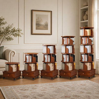 Rotating Bookshelf, 360 Display Corner Bookshelf For Small Space, 6 Tier Bookcase Storage Rack With Wheels, Wood Narrow Organizer For Bedroom, Living Room, Study Room, Walnut Brown, Shelves