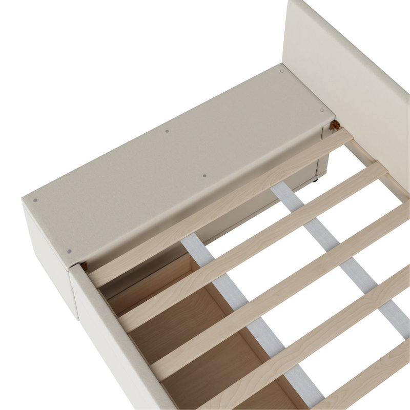 Lit plateforme simple tapissier en forme de L avec rangement et tiroirs, Beige