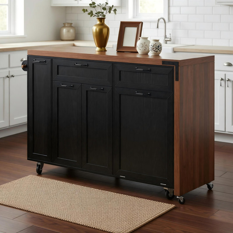 Îlot de cuisine 102,3 po avec table de salle à manger extensible, chariot d'îlot roulant avec armoire de rangement pour poubelles, support à épices coulissant à 3 niveaux, table d'îlot mobile sur roulettes pour la cuisine, la salle à manger, noir
