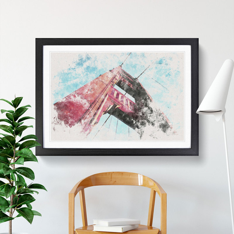 View Of The Golden Gate Bridge In San Francisco Watercolour - Framed Print, 62cm H x 87cm W x 2cm D, Black