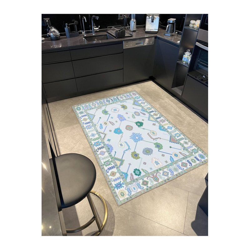 Tapis décoratif tissé à motif géométrique bleu clair lavable à la machine, Carré 3 pi 3 po