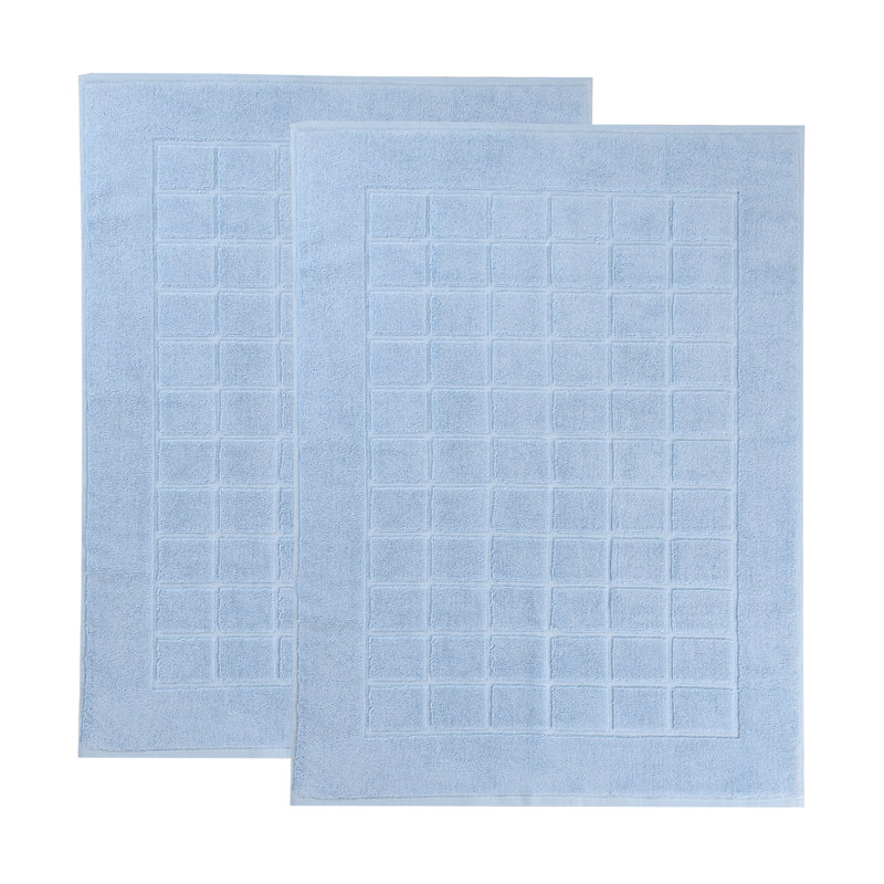 Nora Cotton Terry Solid Absorbent Thick Checkered Washable 2 Piece Bath Mat Set, Light Blue