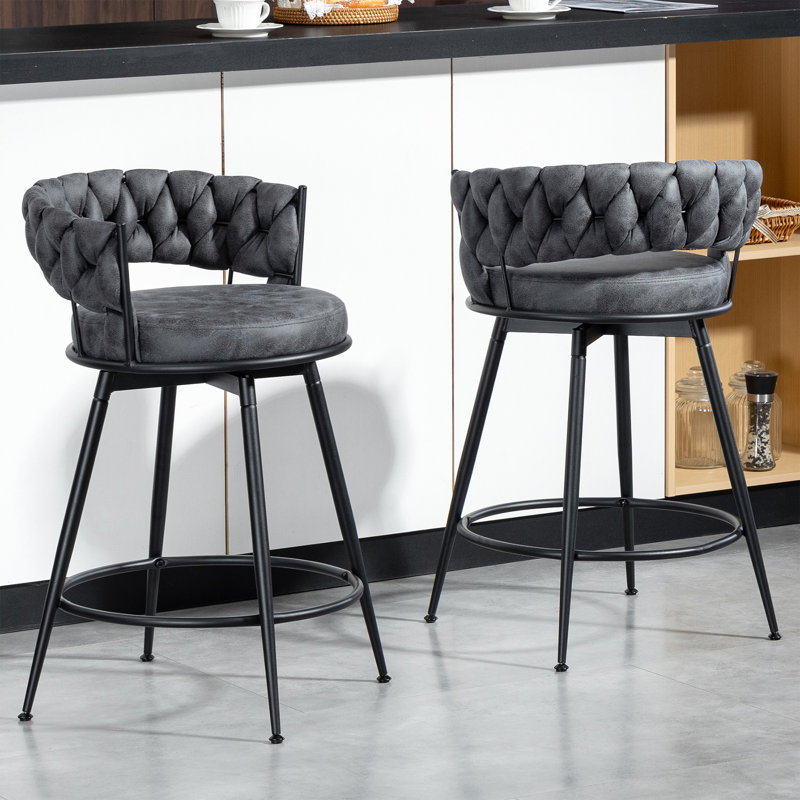 Counter Height Bar Stools Set of 2 - 360° Swivel with Suede Fabric & Modern Woven Design, Backrest & Footrest for Kitchen Cafe Pub