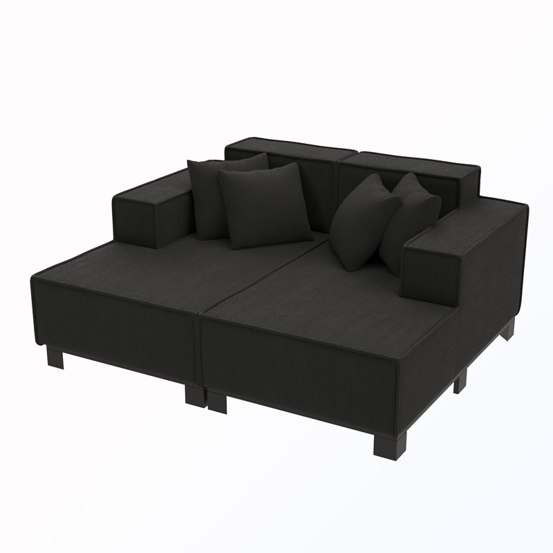 Canapé modulaire rembourré avec 4 coussins, Velours côtelé noir