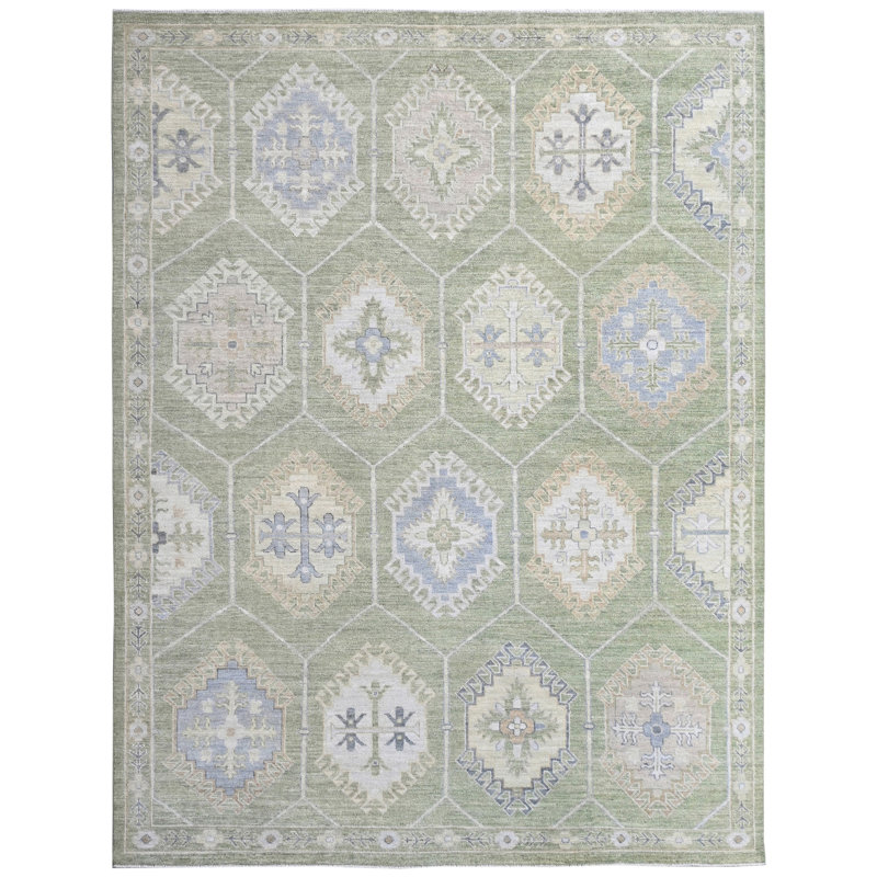 Tapis vert noué à la main de haute qualité, Rectangle 9 pi 2 po x 12 pi
