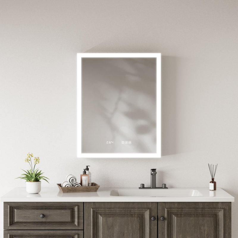 LED Medicine Cabinet Mirror with Lights, 24x30 Inch Bathroom Storage, Recessed/Wall Mount, Plug-in/Hardwired, 3 Color Dimmable Light, Anti-Fog, Time Temp Display, Right Hinge