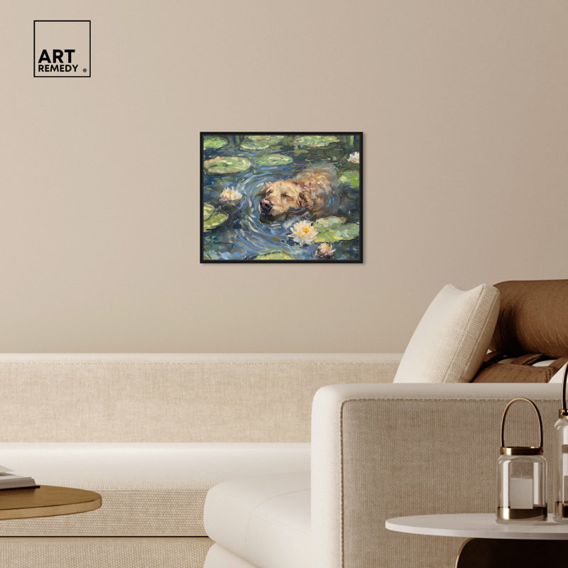 «Monet Water Lilies Dog Farmhouse» par Art Remedy, Cadre noir, H 37 po x l 46 po
