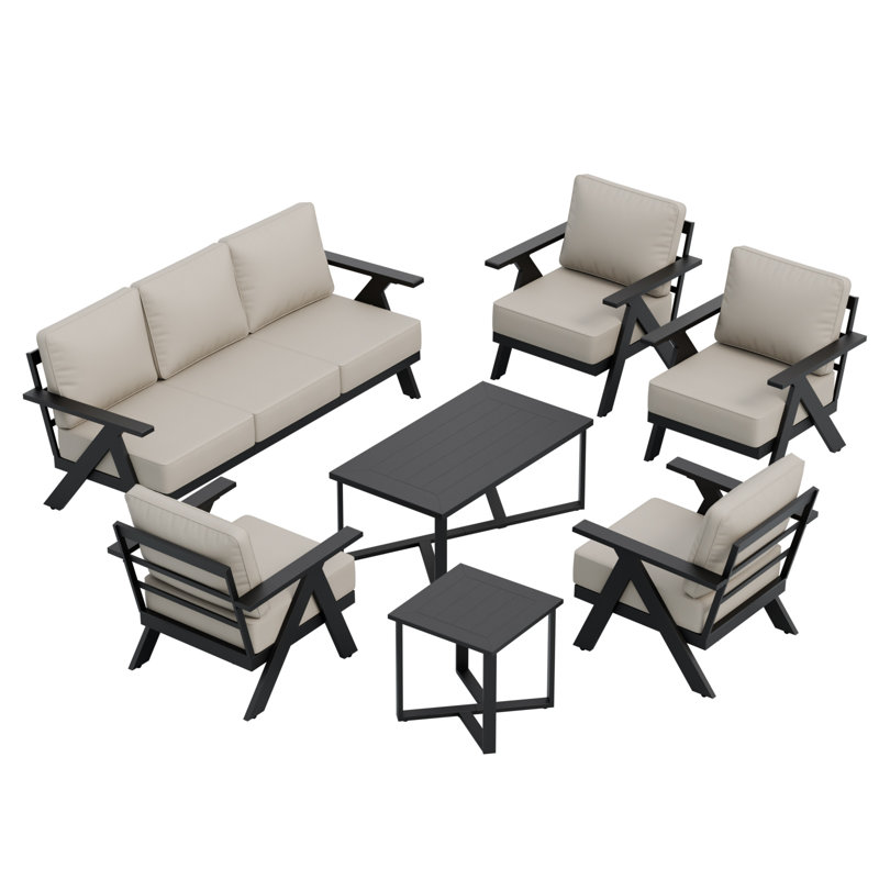 Ensemble de conversation pour patio 7 pièces, 2 chaises longues, canapé et tables, Beige