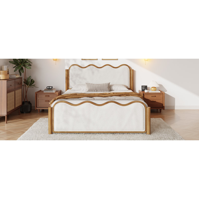 Ondine Mid-Century Modern Bouclé Upholstered Bed Frame With Wavy Curved Headboard, Queen
