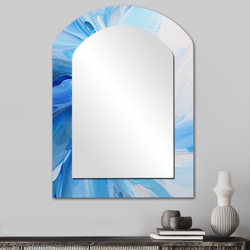 «Blue Swirl Wave Spiral», miroir décoratif en arc abstrait en spirale, miroir mural asymétrique bleu, 34 po x 25 po
