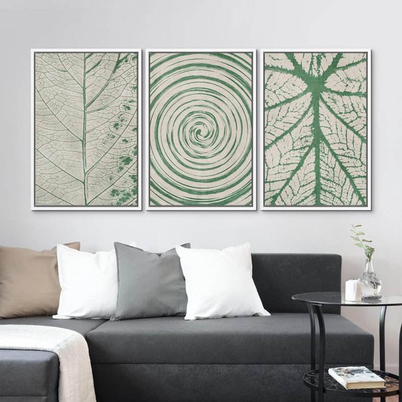 Abstrait botanique vert, feuilles blanches, 3 pièces, H 24 po x l 16 po x P 1,5 po, Blanc